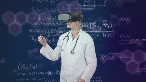 Animation-Eines-Arztes,-Der-Ein-VR-Headset-Verwendet,-über-Statistiken,-Die-Im-Hintergrund-Angezeigt-Werden.