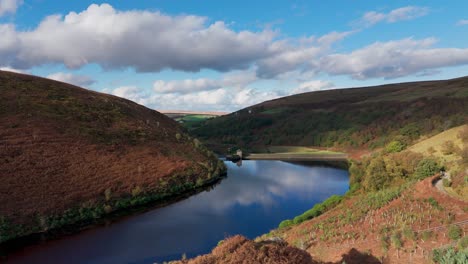 aerial drone video of the beautiful english countryside, wild landscape showing moorlands covered in heather, large lakes and blue water