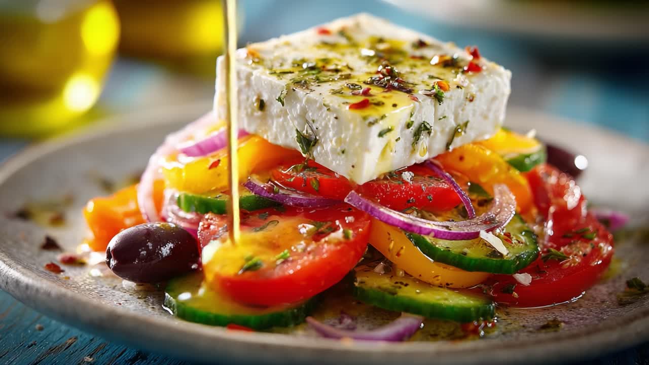 Vibrant Mediterranean Salad Featuring Fresh Vegetables, Olives, and a Generous Serving of Marinated Feta Cheese on a Rustic Plate