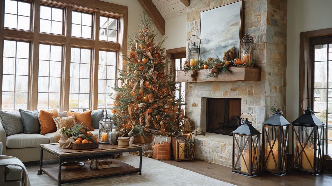 Cozy Living Room Decorated for the Season Featuring a Beautifully Adorned Christmas Tree with Orange Accents and Warm Lighting for a Festive Atmosphere