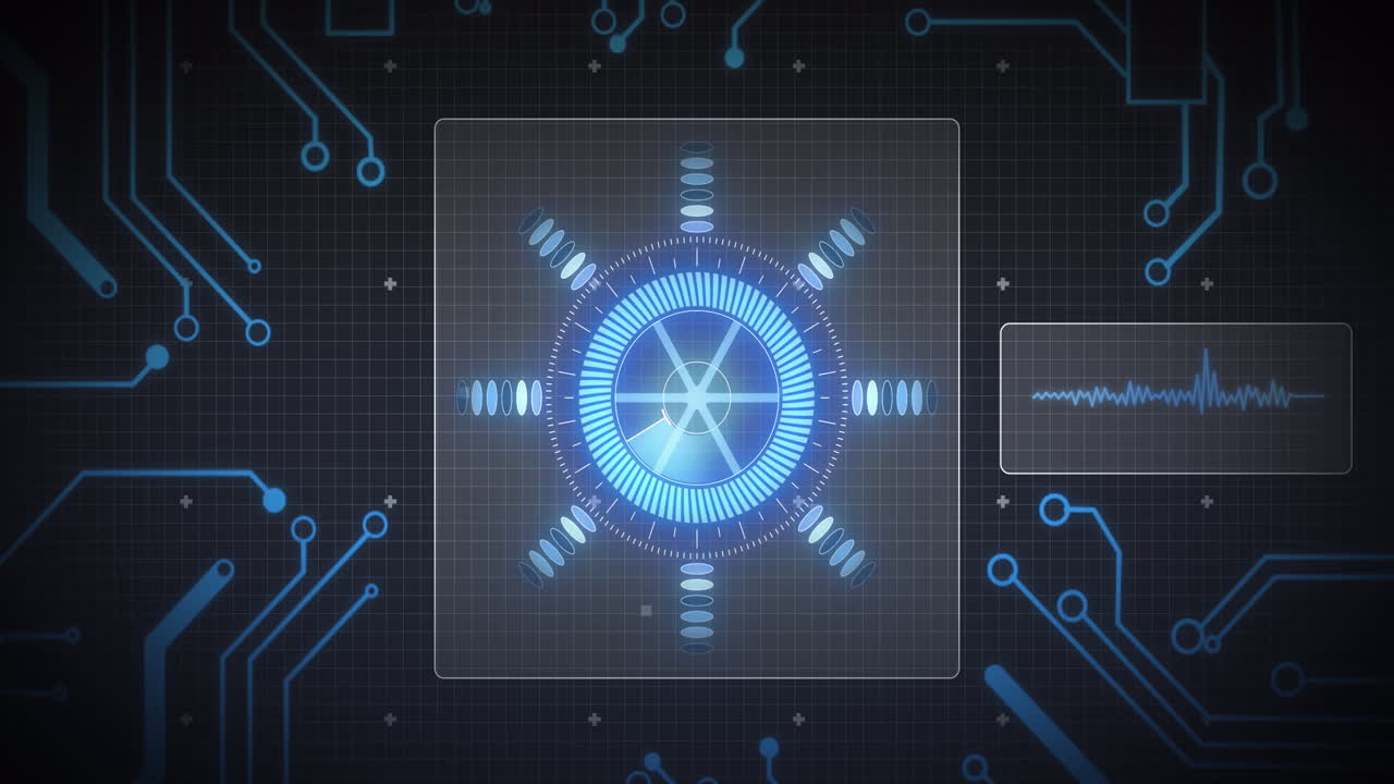 Animation of scope scanning, processor elements and data processing on screens over grid