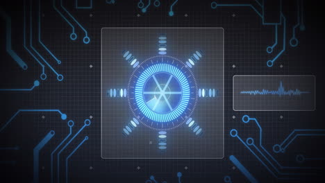 animación del escaneo del alcance, los elementos del procesador y el procesamiento de datos en pantallas sobre cuadrícula