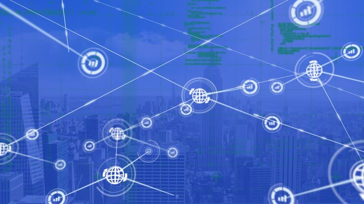Animation of network of communication icons and data processing on blue background