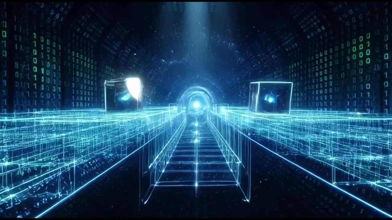 Tunnel di dati digitali con cubi luminosi fluttuanti