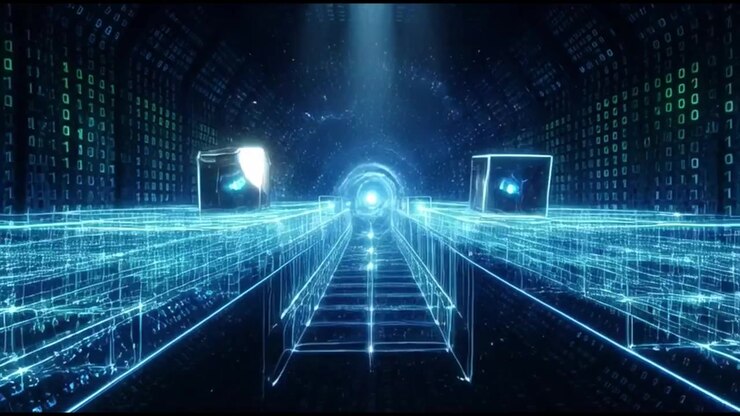 Digital Data Tunnel with Floating Glowing Cubes