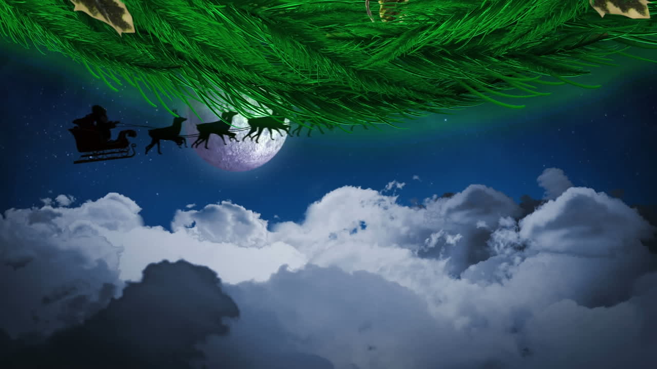 decoraciones de corona de navidad sobre santa claus en trineo siendo tirado por renos contra el cielo nocturno