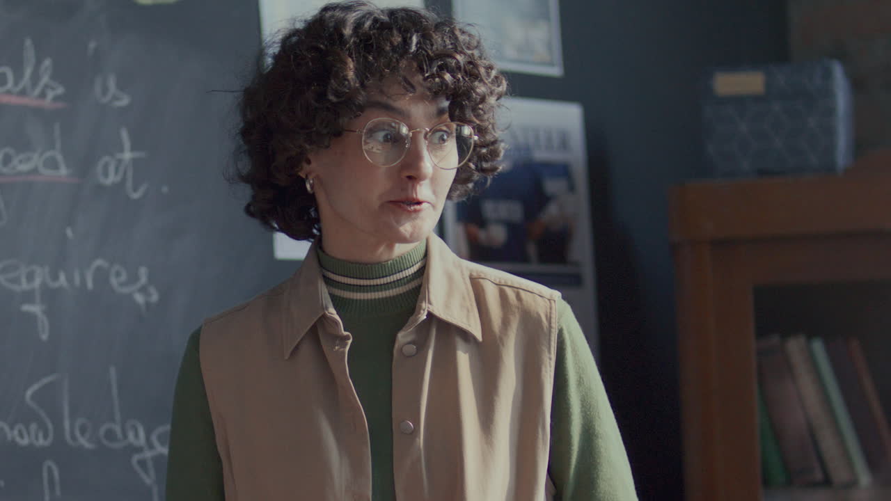 여자 대학생이 영어 수업 중에 블랙보드에서 얘기하고 있습니다.