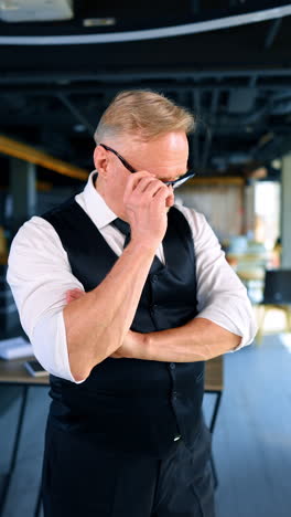 pensive businessman in white shirt and black vest stands holding his glasses. portrait of an aged confident man working in office.
