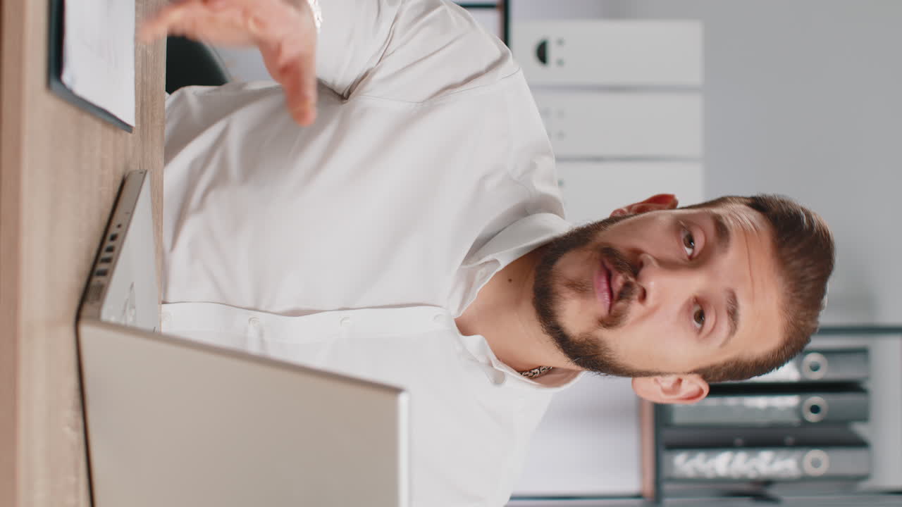 Business man working online on laptop positive feedback like approving application good offer