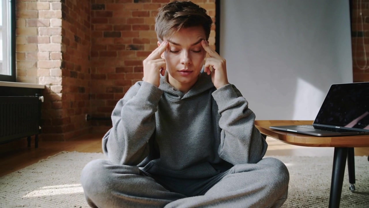 Pressing temples man in grey hoodie sitting cross-legged on rug in loft after working on laptop