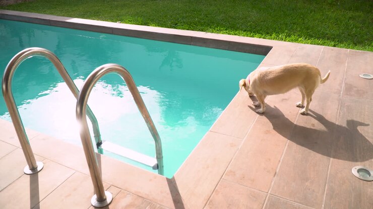 Labrador dog sniffing swimming pool floor in a bright sunny warm weather, high angle shot