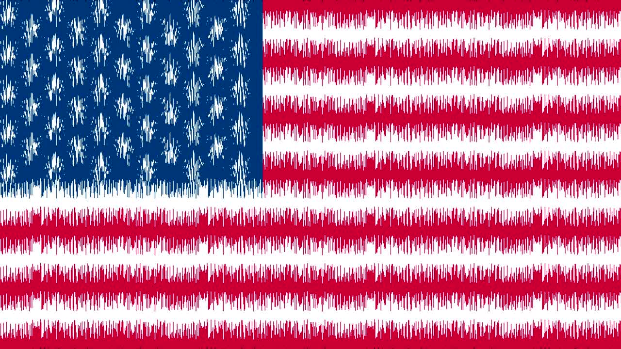 4k United states of America flag waving seamless loop corrupted digital noise
