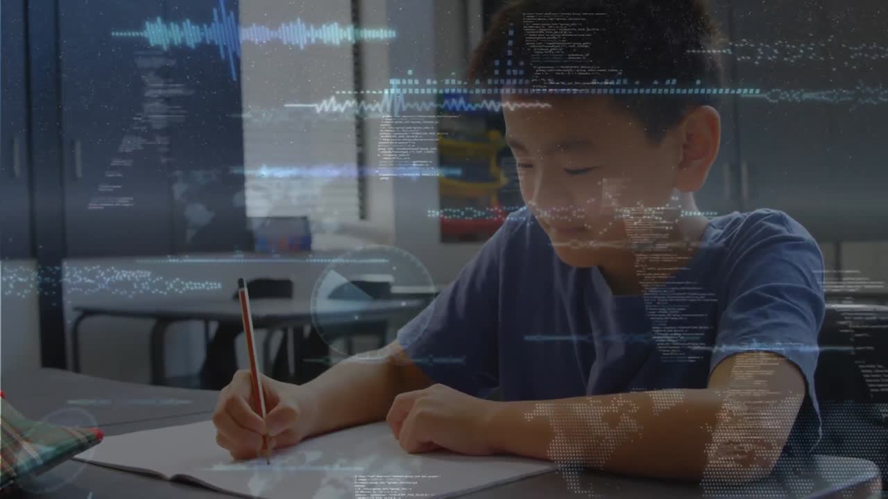 초등학교에서 공부하는 아시아 소년에 대한 데이터 처리와 함께 여러 화면