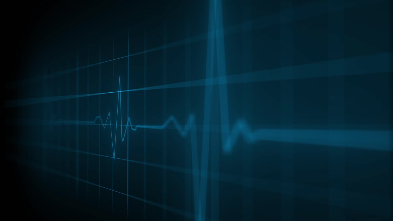 Blue EKG heartbeat line pulses on a grid background, simulating a futuristic medical monitor. For health or technology concepts
