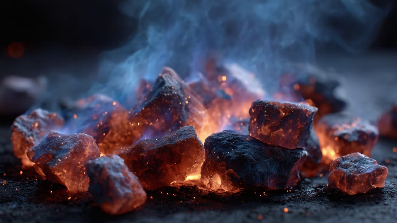 A Vibrant Display of Glowing Embers and Smoke Rising from a Bed of Fiery Rocks, Capturing the Heat and Energy of the Flames in a Dynamic Scene
