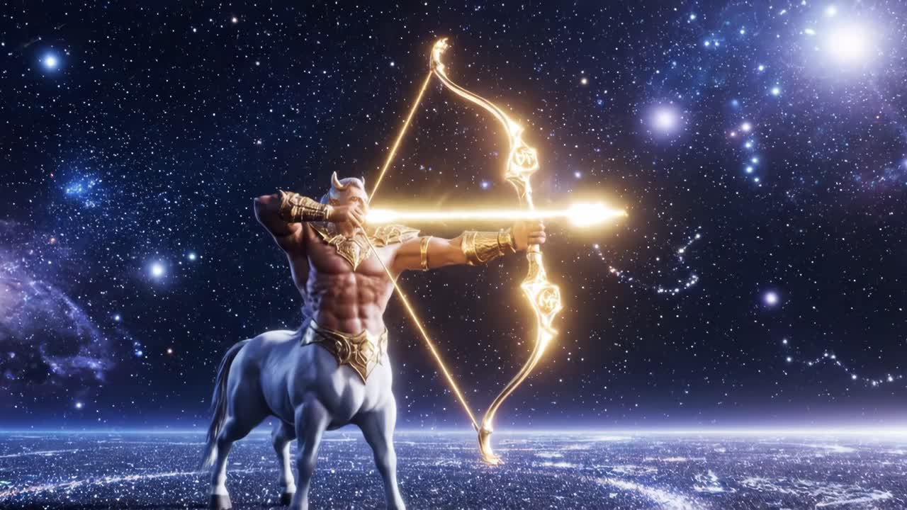 Mythical centaur archer draws bow with glowing arrow in cosmic space, showcasing strength and precision in a dynamic celestial scene of action and adventure