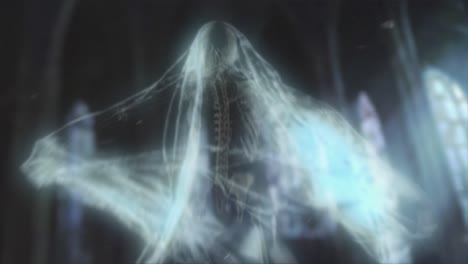 3d cgi render of a shroud covered skeletal ghostly form, looming forward in an old desolate church hall with eerie light rays stabbing into the gloom