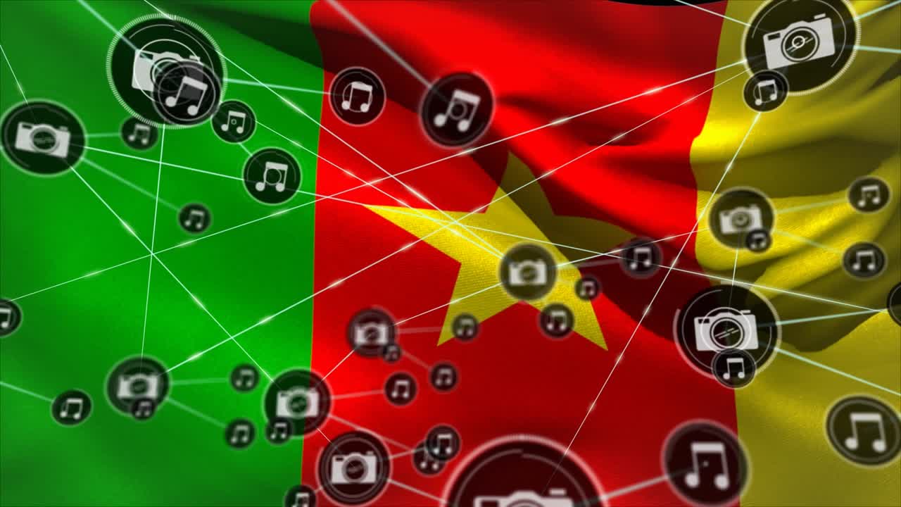 Animazione di rete di connessioni sulla bandiera del Camerun