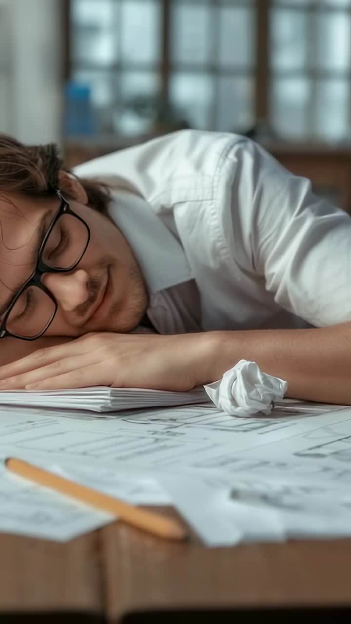Vertical video: Blinking designer drifting into nap from fatigue at desk with plans, copy space