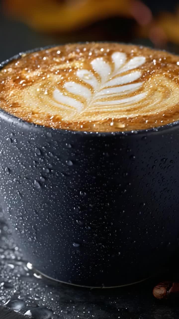 Fængslende nærbillede af smukt latte art i en mørk kop, der viser indviklede mønstre og indfanger essensen af kaffekultur