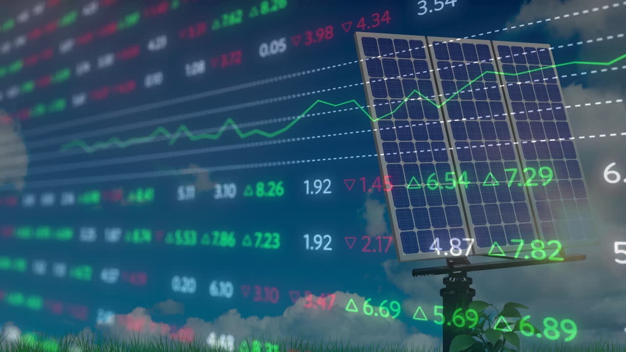 Photovoltaic solar panel rising on pole above grassy field showing faint stock numbers arrows grid