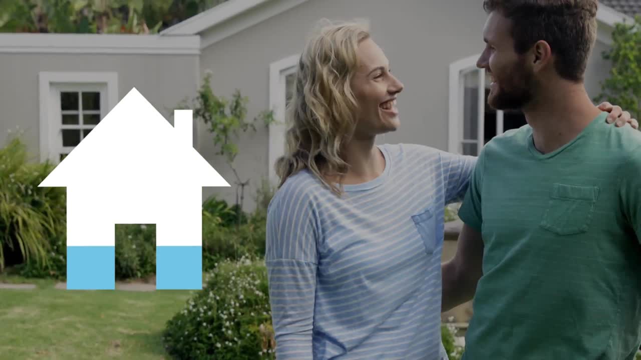 Happy couple ouside house holding keys and empty house icon filling in blue