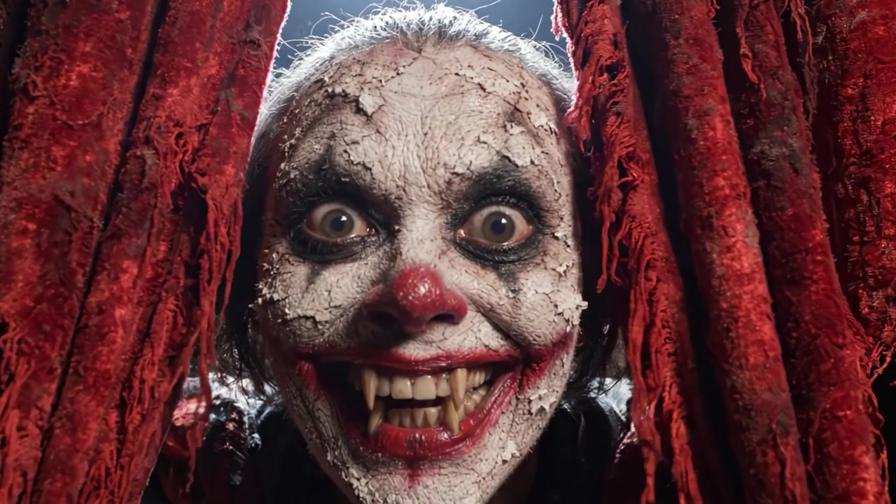 A Chilling Encounter: The Transformation Behind Torn Red Curtains Reveals a Sinister Clown with an Eerie Grin and Haunting Presence