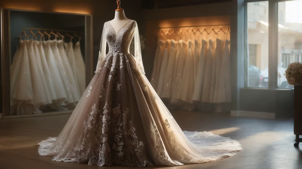상점에서 우아한 웨딩 드레스