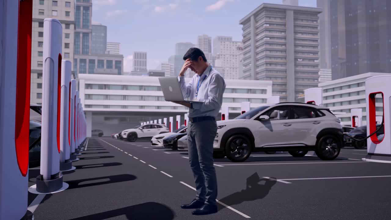 最新の都市型充電ステーションで電気自動車が充電されている中、ノートパソコンを手に立つアジア人男性の専門職作業員の全身の側面図。彼は入力しながら、首を横に振って落胆している。