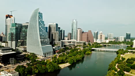 Drone-view-of-downtown-Austin,-Texas-skyline