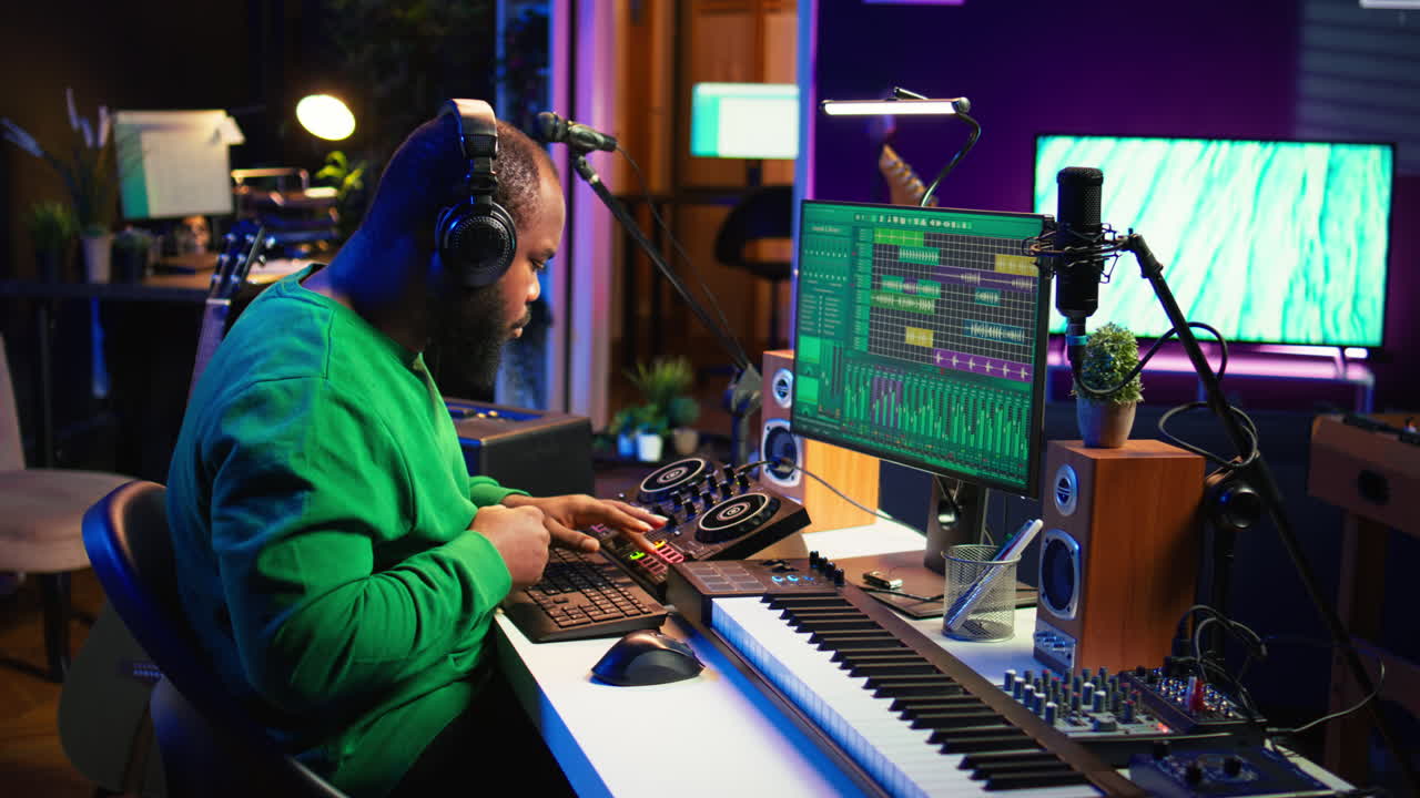 Talented musician mixing and mastering songs on a console