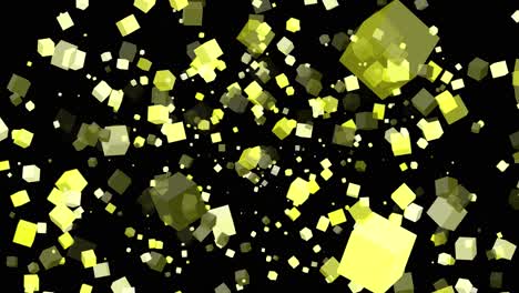 3d floating flying spinning cube shape square animation movement in space on black background visual effect geometric pattern colour yellow