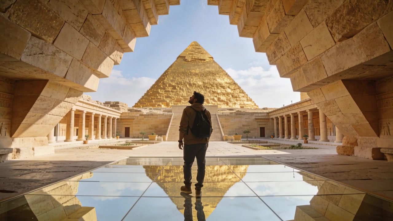Uomo che emerge da un arco in pietra, con un cappotto e uno zaino, cammina per vedere una piramide su piastrelle lucide.