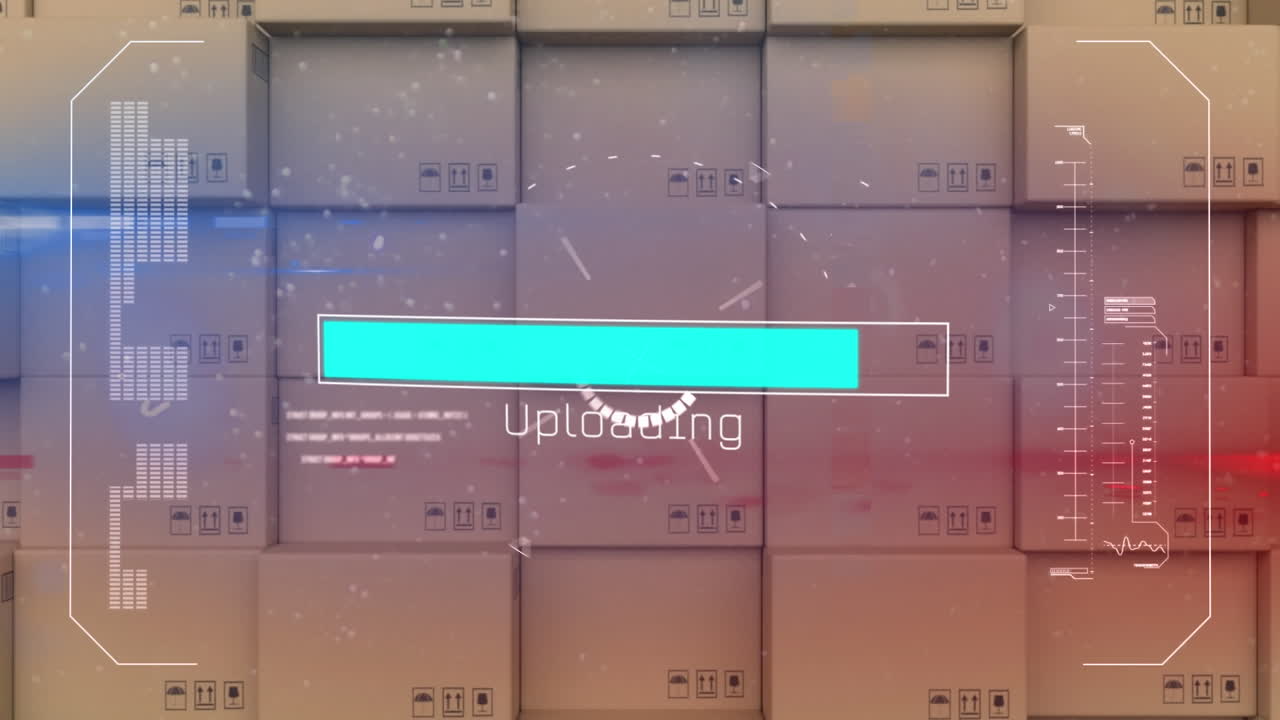 Animation of data processing over stack of cardboard boxes