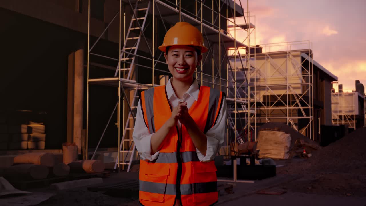 Asian Female Engineer With Safety Helmet Smiling And Clapping Her Hands While Standing At Construction Site in Progress to New House