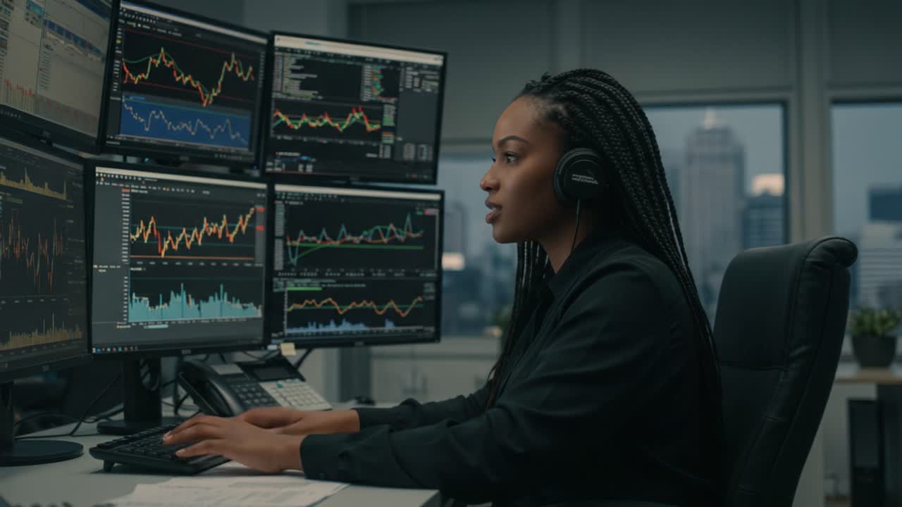En fokuseret kvinde analyserer finansielle data på flere skærme i et moderne kontor, hvilket viser skæringspunktet mellem teknologi og handel for succesfuld markedsindsigt.