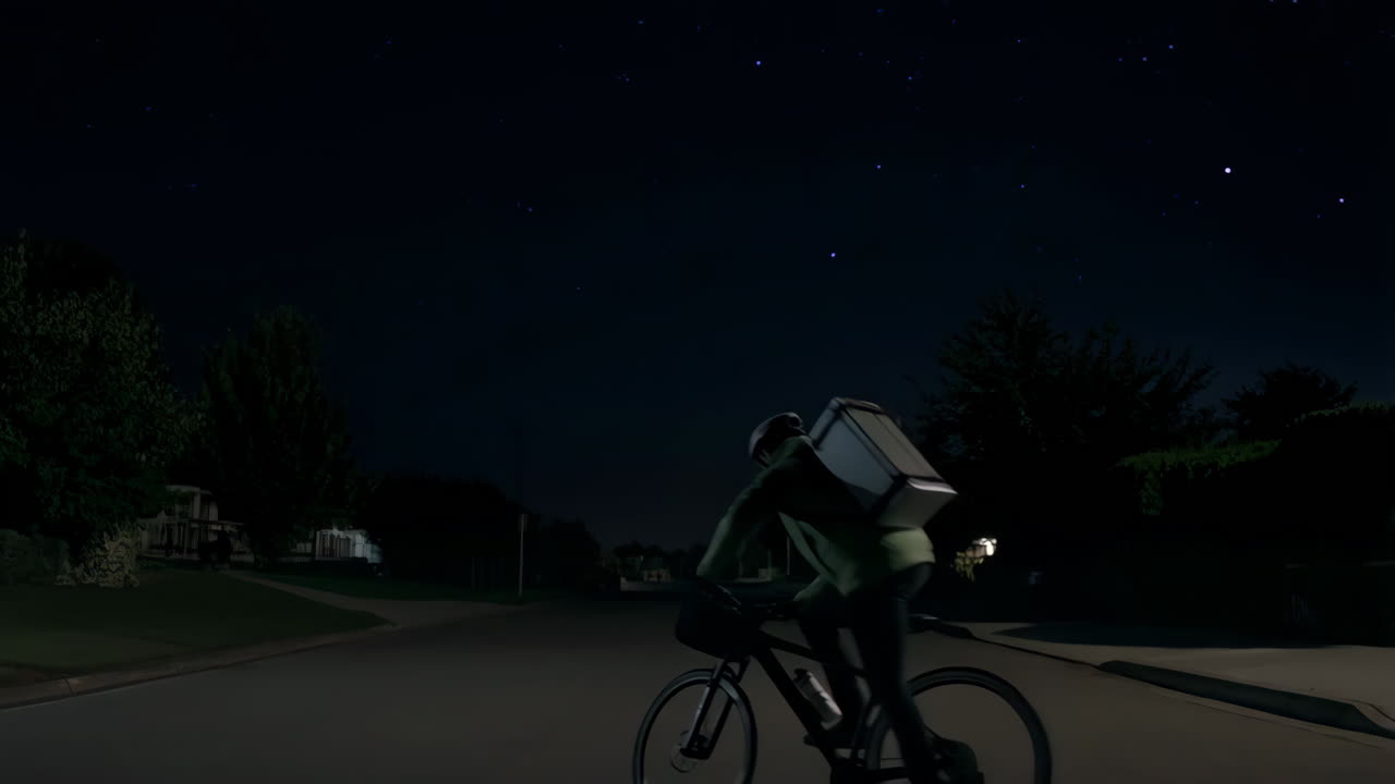 A lone cyclist delivers at night in a suburban neighborhood