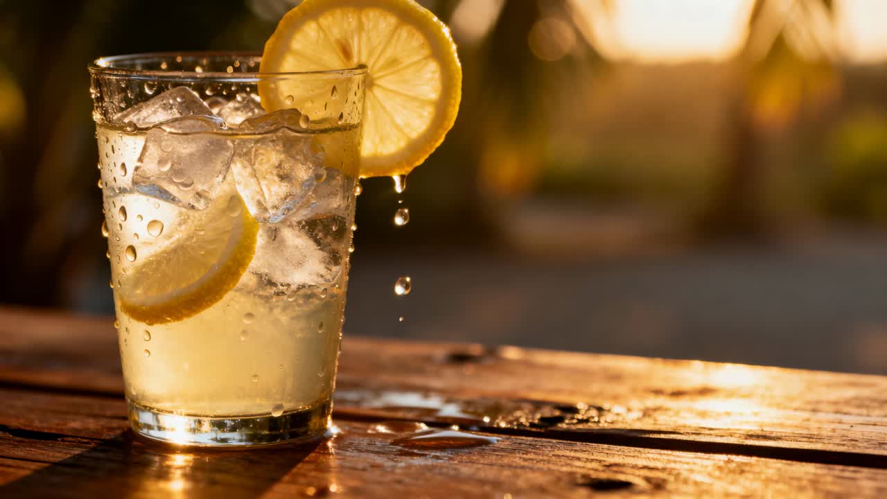 Luce solare che riscalda un bicchiere di limonata ghiacciata, con una fetta di limone che gocciola su un tavolo da picnic, spazio per il testo