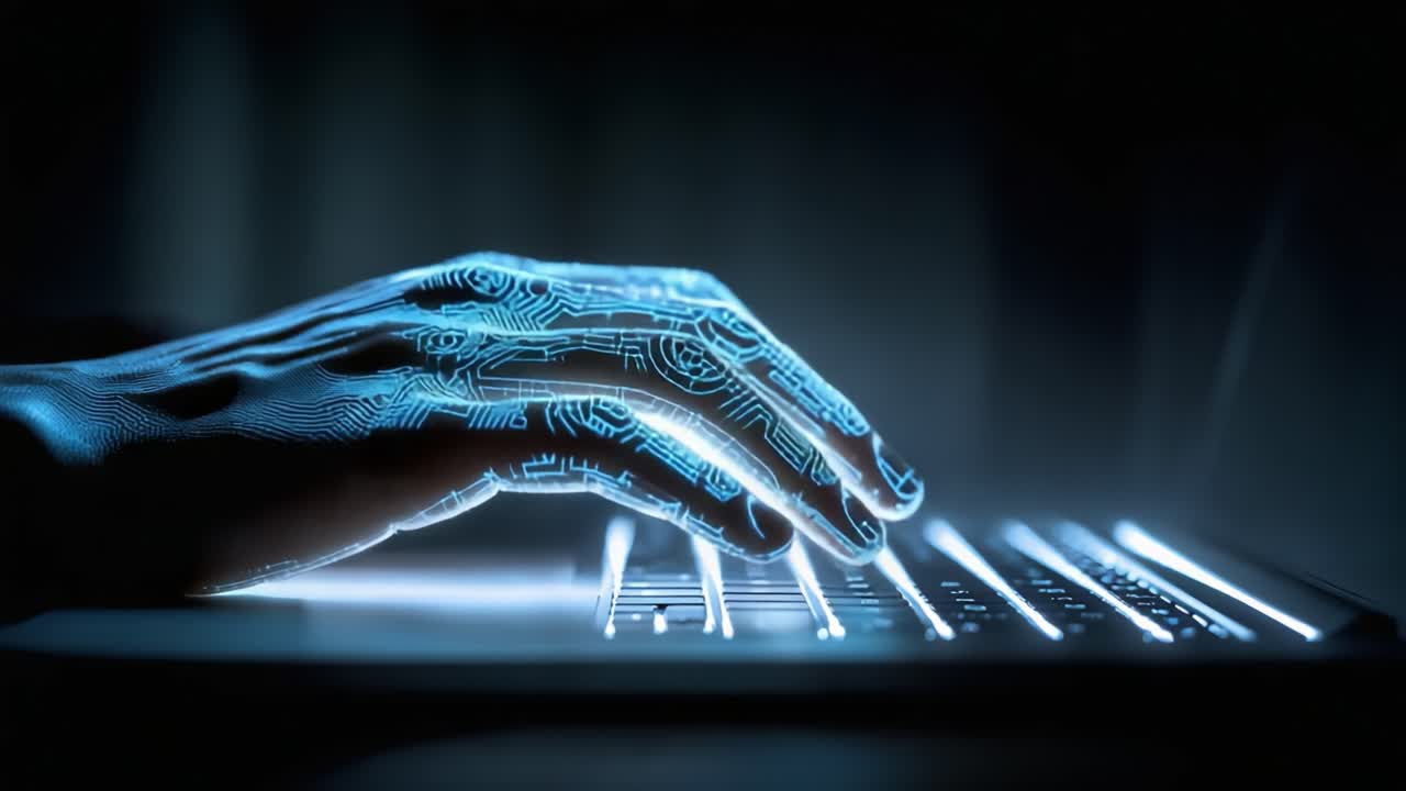 A Futuristic Glimpse of Hands Typing on a Computer Keyboard, Merging Technology and Humanity Through Illuminated Digital Patterns and Circuitry Designs