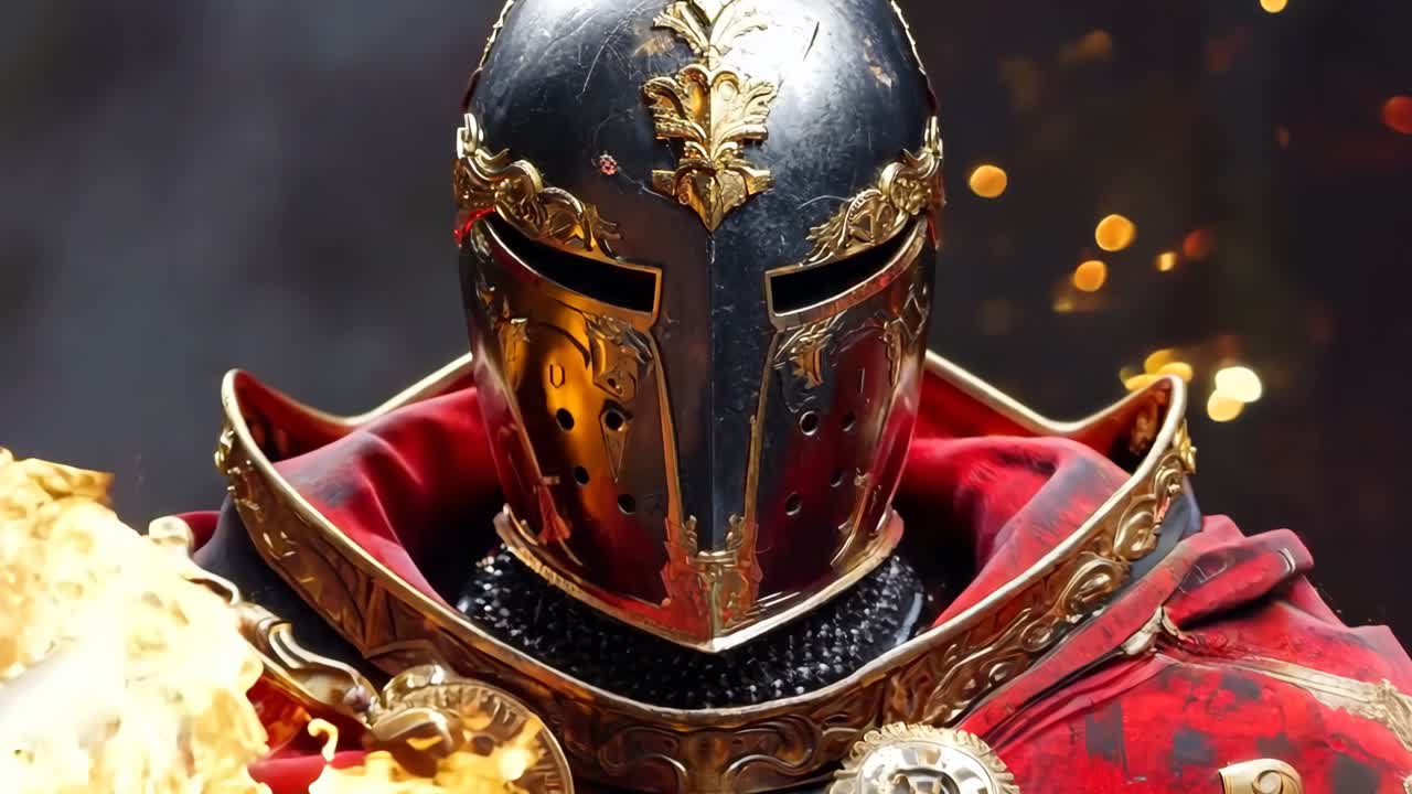 A close up of a knight wearing a helmet and armor