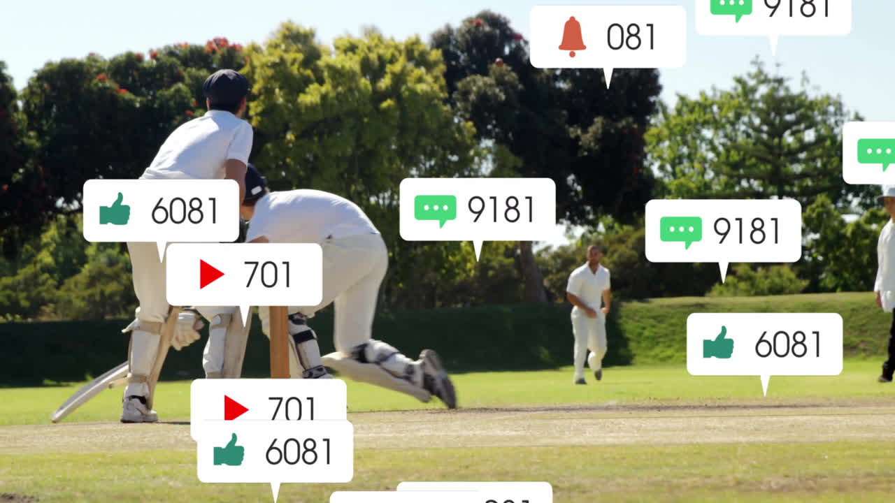 크리켓 선수들이 소셜 미디어 알림과 함께 행동하고 있습니다.