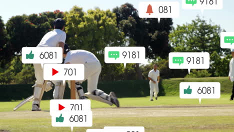 jugadores de cricket en acción con notificaciones de redes sociales animación sobre la escena