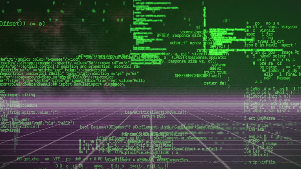 animación del patrón de cuadrícula con línea iluminada contra la galaxia y el lenguaje de programación.