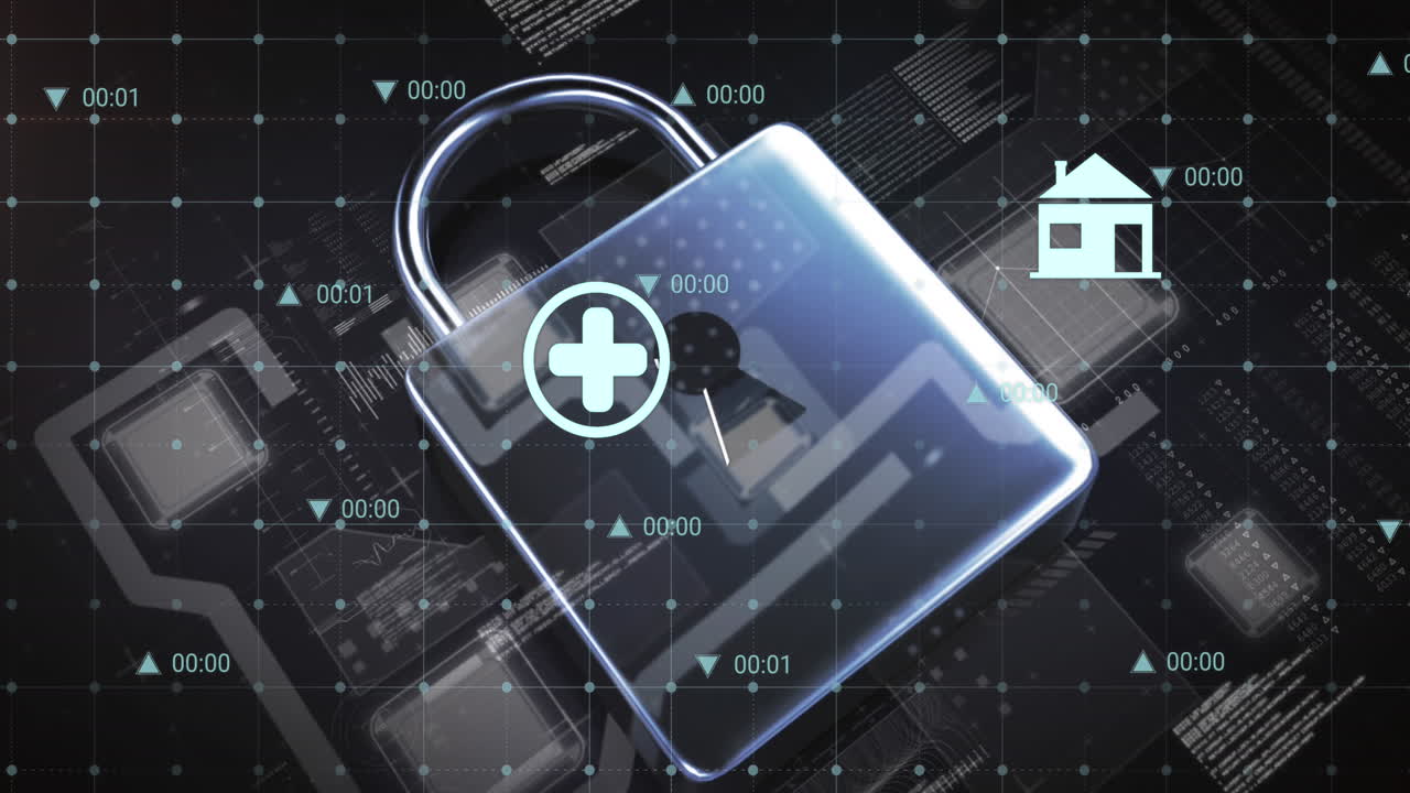 회색 배경에 대한 보안 잠금 아이콘을 통해 디지털 아이콘과 데이터 처리의 애니메이션