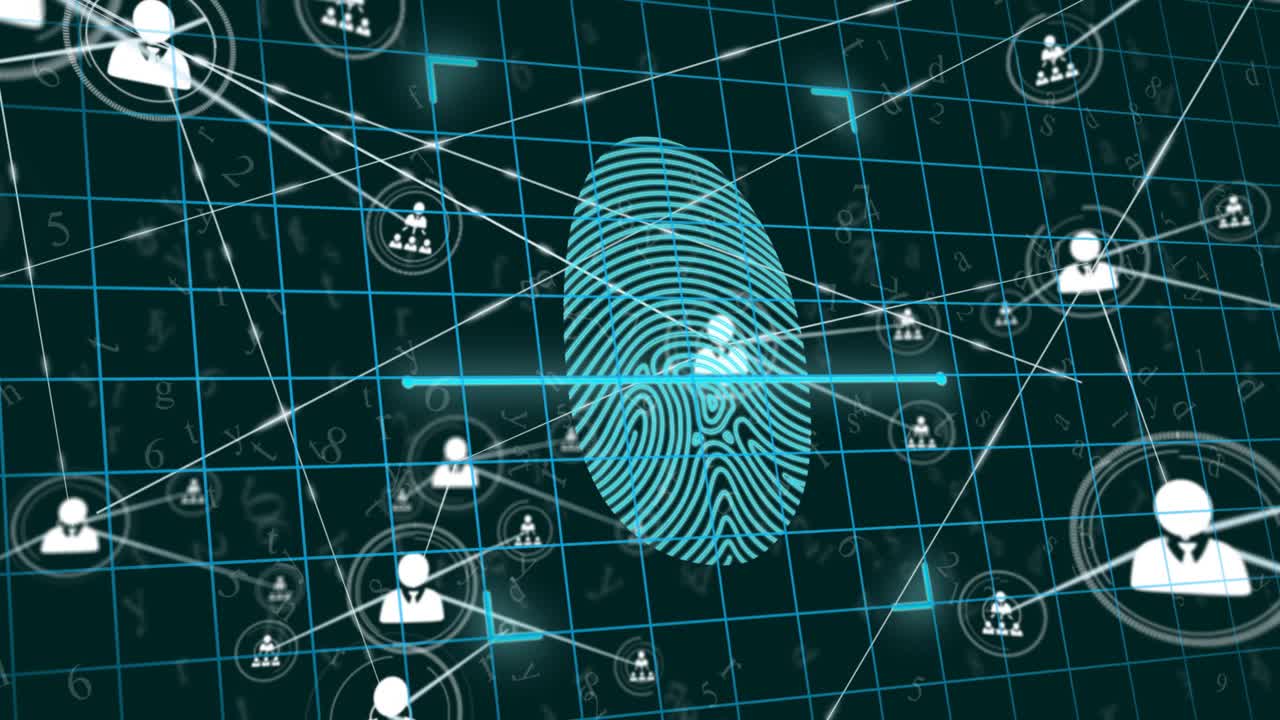 Animation of biometric fingerprint, network of connections with icons and data processing