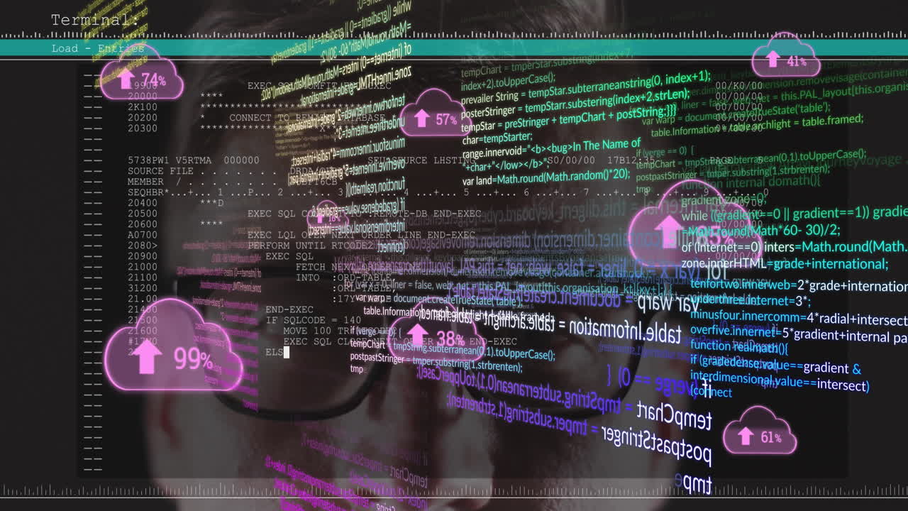 animación del procesamiento de datos sobre el hombre caucásico y los íconos de las nubes