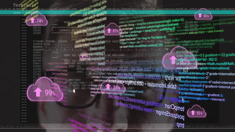 Animation of data processing over caucasian man and clouds icons