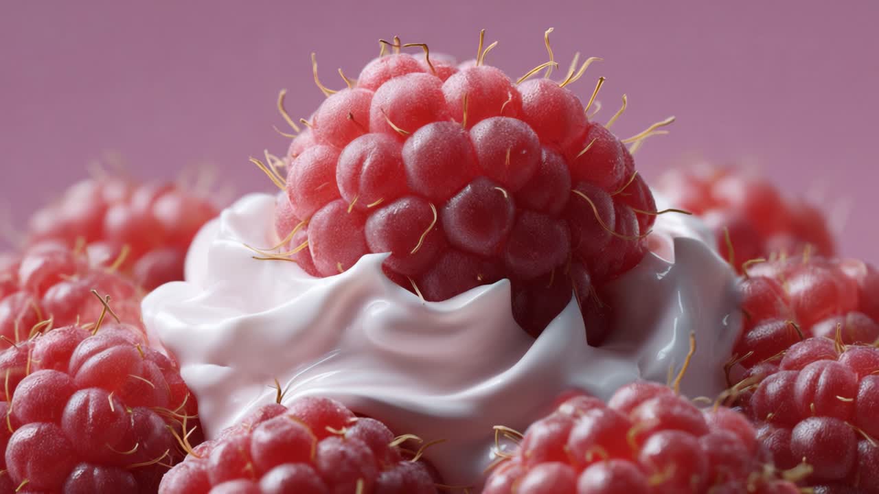 Deliciously Fresh Raspberries Paired with Creamy Whipped Topping on a Soft Pink Background, Celebrating Berry Bliss and Culinary Indulgence in Every Bite