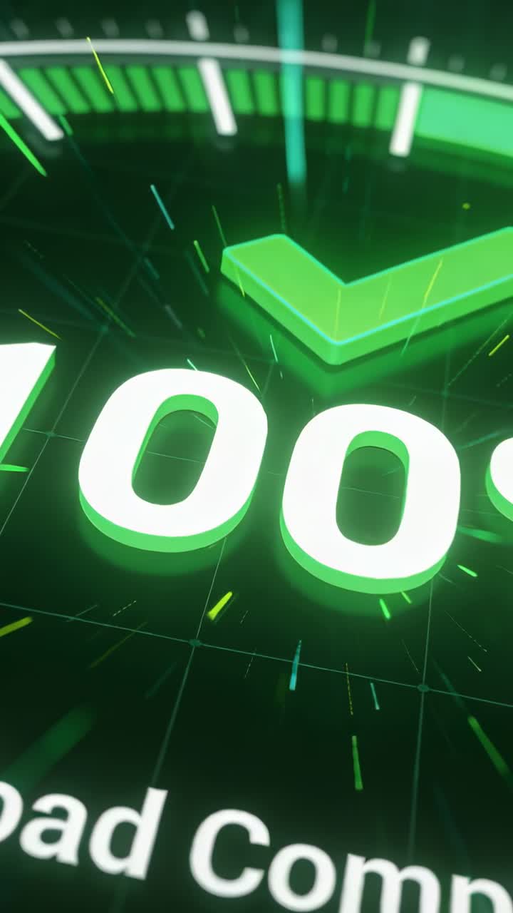 Video verticale: Zoom della fotocamera nell'interfaccia utente mentre l'indicatore del 100% si completa, centrando un segno di spunta verde e un anello.