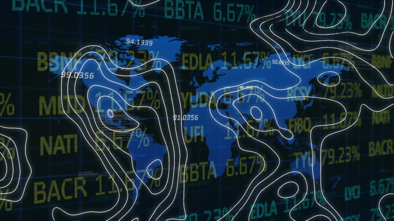 Animation of white lines over financial data processing over world map